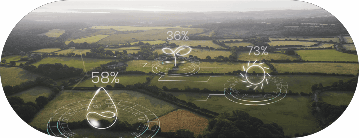 Vista aérea de paisaje rural con indicadores de sostenibilidad y gestión ambiental